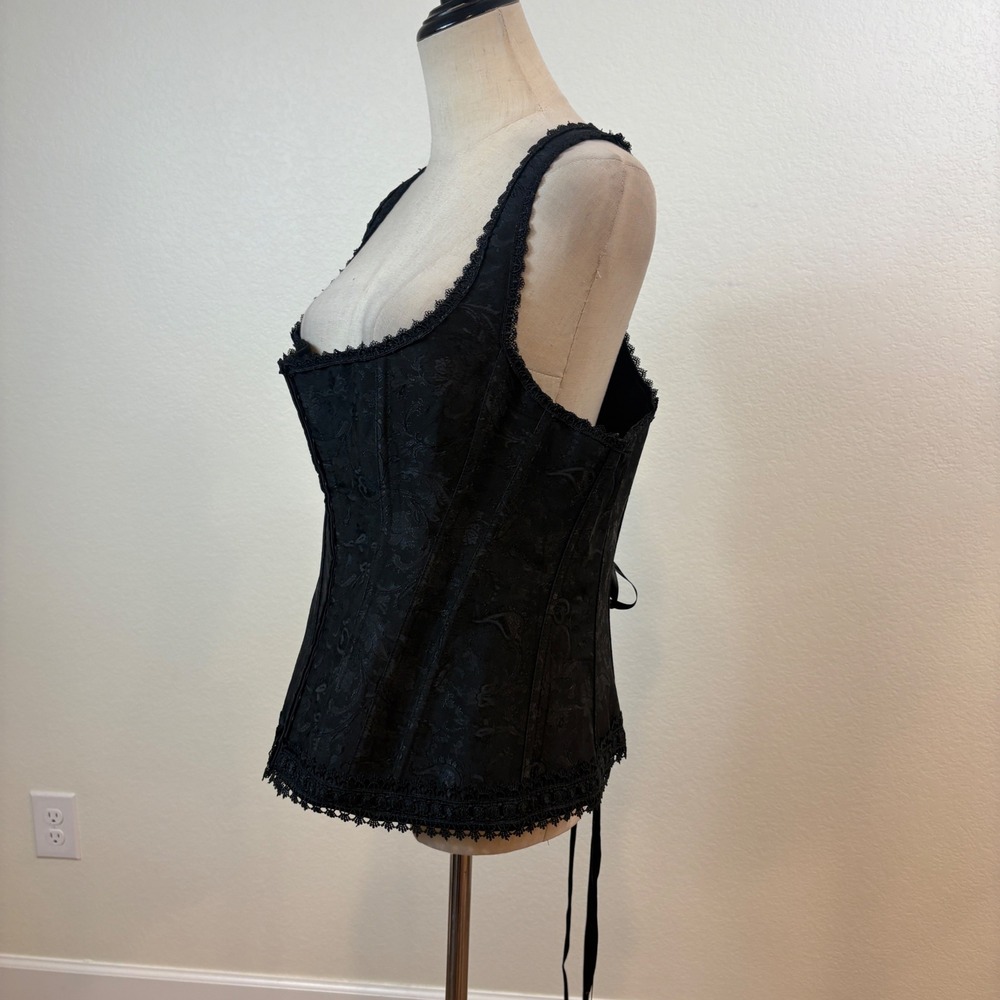 iCollection Corset Top Women Size 44 Black Floral Jacquard Lace Trim Goth Vamp - Picture 5 of 8